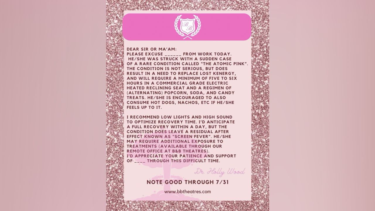 A fake doctor's note posted by movie theater chain B&B Theaters, excusing theatergoers from other commitments until they've seen both