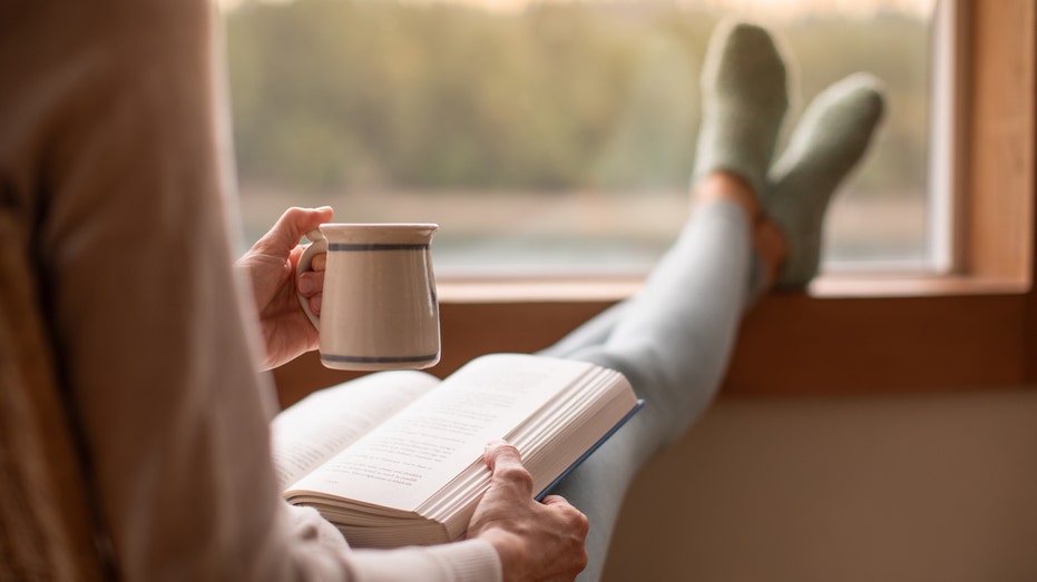 A woman reading a book by the window